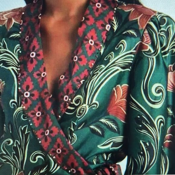 Farm Rio Arabesque Long-Sleeve Wrap Mini Dress Size M Green Floral - Picture 4 of 16